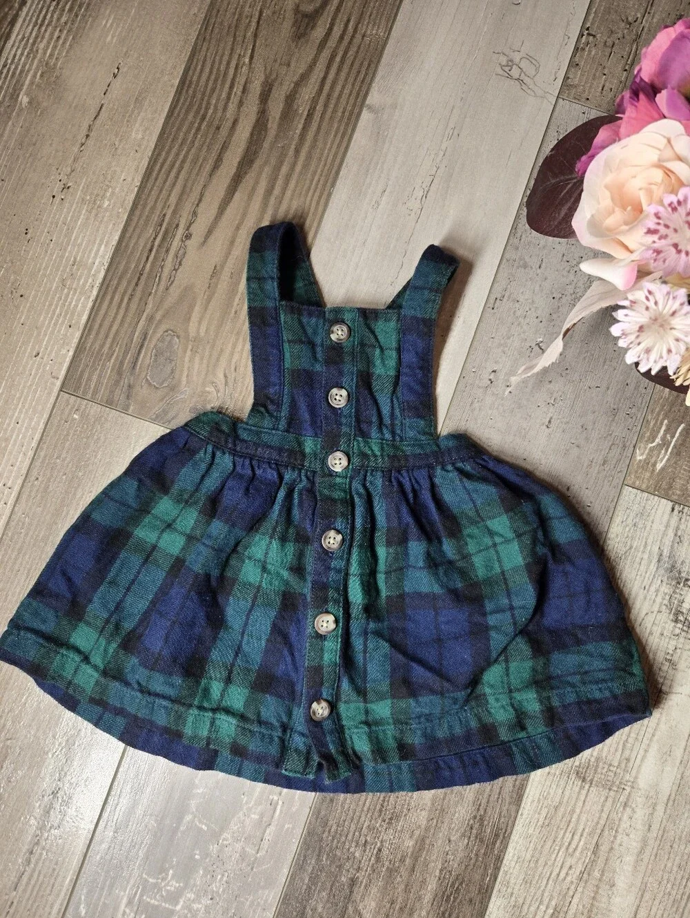 Old Navy Baby Girls Plaid Button-Front Pinafore Dress – Green & Navy – Size 3-6M